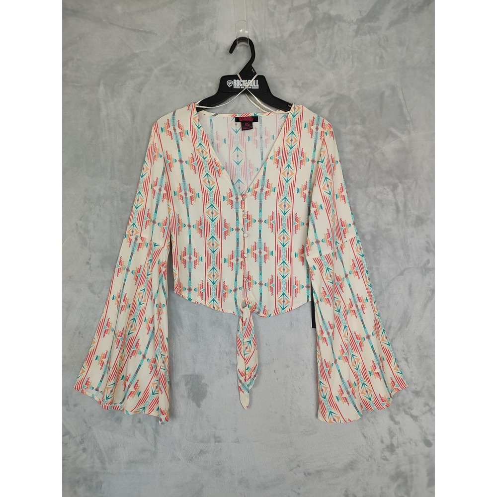 Rock &‎ Roll Denim Womens Southwestern Bell Sleeve Tie Front Crop Top XS